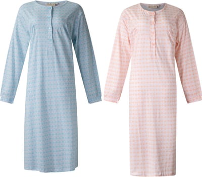 Lunatex - 2 dames nachthemden 5027 lange mouw - nachtjapon van 100% katoen - blauw en peach met print - maat M