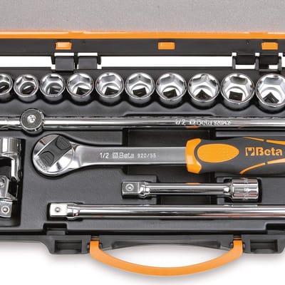 Dopsleutelset met 20 dopsleutels en 5 bedieningsgereedschappen - Robuust en duurzaam gereedschap voor professioneel gebruik - zwart/oranje