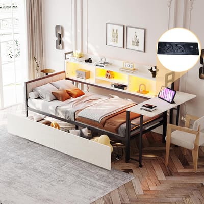 Pugsdrly Slaapbank van ijzer 90 x 200 cm, met ledverlichting en opbergruimte, met lades en multifunctioneel stopcontact, opklapbaar bureau, zachte rugleuning, eenpersoonsbed, wit