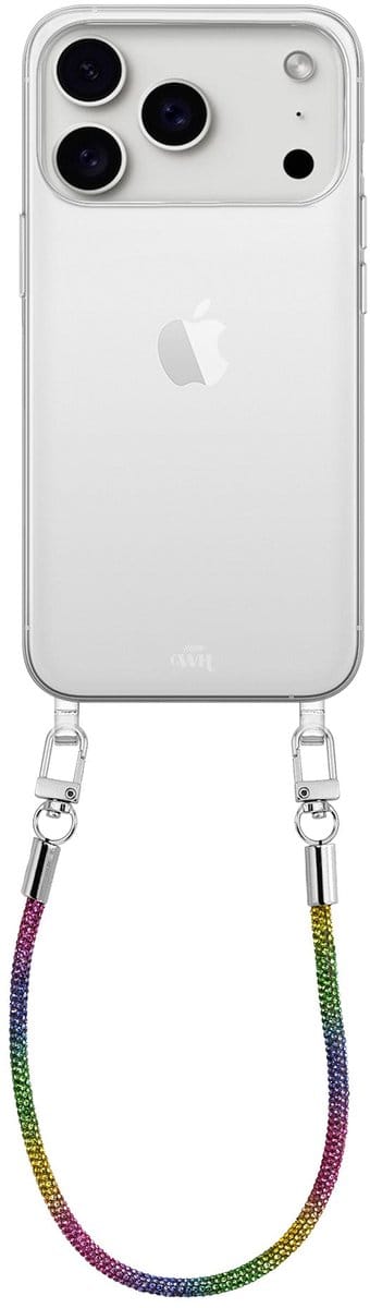 xoxo Wildhearts siliconen hoesje - Geschikt voor iPhone 17 Pro Max - Rainbow Diamonds - Telefoonhoesje - Hoesje met koord - telefoonkoord - Transparant hoesje - Diamanten ketting - diamant - steentjes - Meerkleurig / Regenboog
