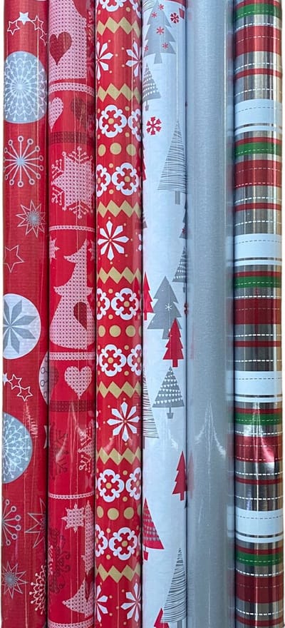 FESTIVE GIFTS Inpakpapier - Cadeaupapier - 200 x 70cm - 6 rollen - Kerst - Luxe Cadeauverpakking - Kleurrijk