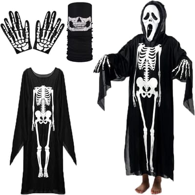Griezelig Skelet Kostuum met Handschoenen en Masker voor Halloween, Carnaval en Theatervoorstellingen - Perfect voor Cosplay en Foto Props