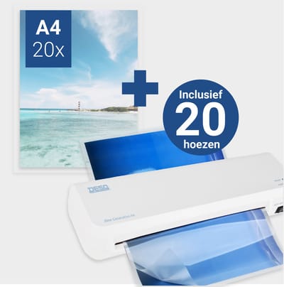 DESQ® Lamineermachine A4 | New Generation | 20 Hoezen Set | Voor 75 tot 125 micron | Start in 2 min. | Voor thuis en thuiskantoor | Documenten & Foto's | Wit