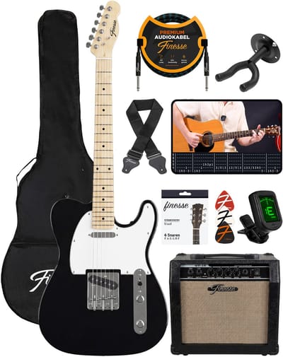 Finesse Elektrische Gitaar met Versterker - met Videocursus - TE Gitaar - Volwassenen - Kind - Zwart