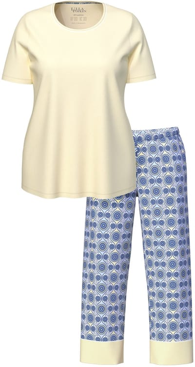 Ulla Popken - Dames - Pyjama set van 3 grafisch patroon ronde hals korte mouwen - Bleekgeel - Maat 42+
