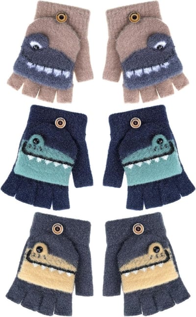 Winterhandschoenen voor Kinderen zonder Vingers met Flap - Halfvingers voor 5-10 Jaar (Donkergrijs, Marineblauw, Bruin) - Warm, Comfortabel en Ademend