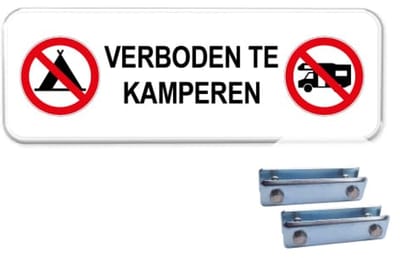 Parkeerbord Verboden te kamperen - Weerbestendig Aluminium - 40x15 cm - Bevestiging: Met hekbeugels (voor spijlen- of gaashek)