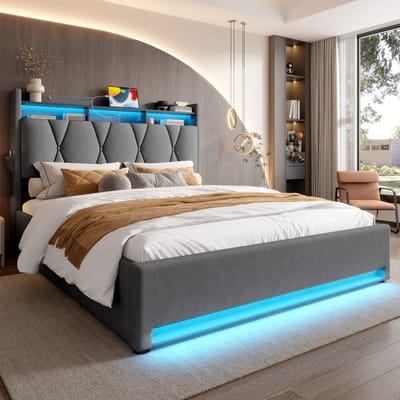 MODENUIT Gestoffeerd Bed 160x200 cm – LED-verlichting en USB-C – Opberghoofdbord en Onderbedopberging – Zonder matras – Donkergrijs