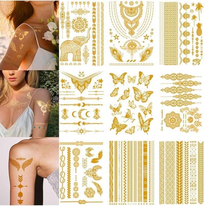Gouden tijdelijke tattoos, metallic festivalaccessoires voor volwassenen, trendy party items en dagelijkse feestdecoraties voor meisjes.