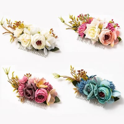 4x Bruidshaaraccessoires: Metalen Zijkammen met Kunstbloemen voor Feest & Bruiloft