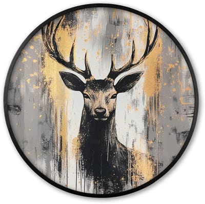 Poster in lijst Rond - Fotolijst 60x60 cm - Posters - Abstract - Hert - Gewei - Goud - Ronde posterlijst zwart - Decoratie - Wanddecoratie woonkamer - Muurdecoratie slaapkamer