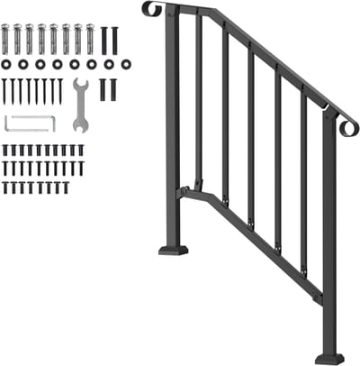 Buitentrapleuning - Trapleuningset - Voor 2-3 Treden - Koolstofstaal - Inclusief Montageset - Voor Senioren - Veranda/Terras & Betontreden - Retroboog - Zwart