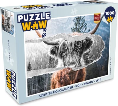 Puzzel Schotse hooglander - Koe - Zwart - Wit - Legpuzzel - Puzzel 1000 stukjes volwassenen