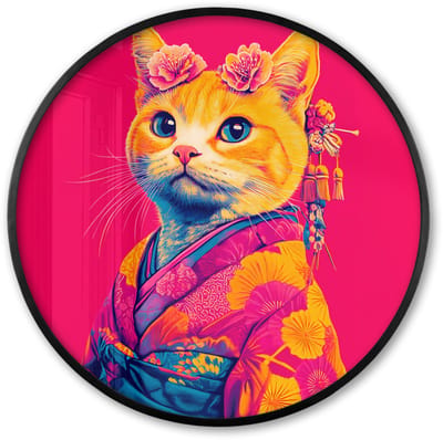 Poster in lijst Rond - Fotolijst 60x60 cm - Posters - Kat - Kimono - Bloemen - Roze - Ronde posterlijst zwart - Decoratie - Wanddecoratie woonkamer - Muurdecoratie slaapkamer