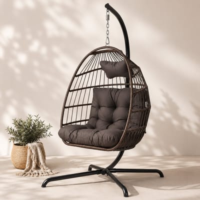 Hangstoel Symphony met Standaard - Brown Wicker - Brown Touw - Antraciet Kussen - Opvouwbaar - Voor Binnen en Buiten