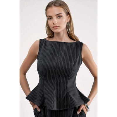 Gestreepte Bootneck Peplum Top met Rits