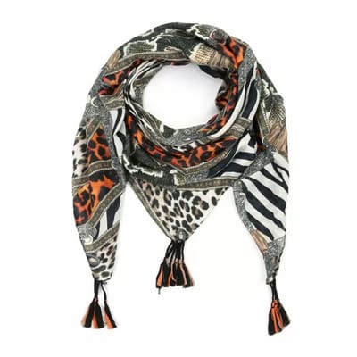Grote omslagdoek met dieren print in grijs, oranje, zwart