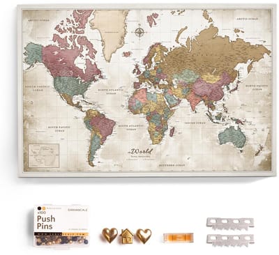 Canvas World Map with Cork Pin Board - English Lettering - Decorative Wall Decoration for All Rooms - Canvas Pictures with Motif World Map (70x50 cm, Pattern 20)