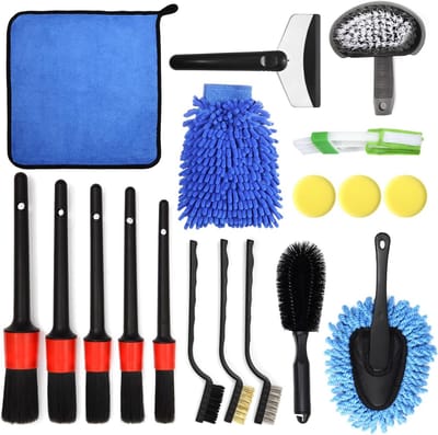 Famanu - 18-delige reinigingsset voor autowas, met sponshanddoeken, washandschoen, bandenborstelgereedschapsset, voor binnen en buiten, voor auto, motorfiets, fiets