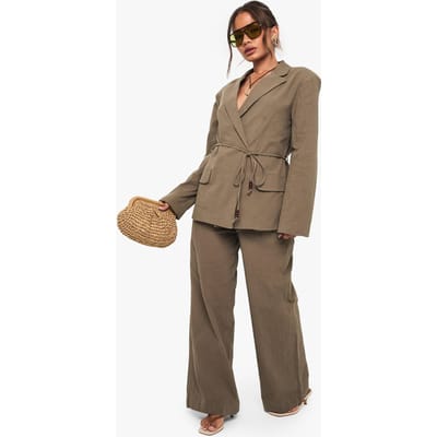 boohoo Dames Linnen broek met kralen- en strikdetail en wijde pijpen | Kaki | Maat: 34