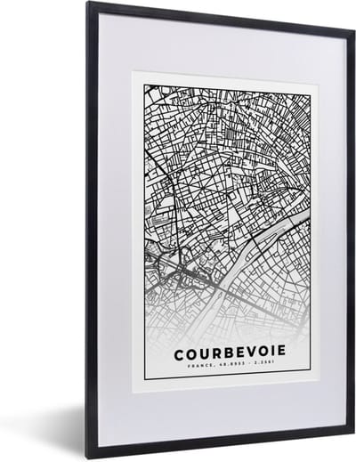 Fotolijst incl. Poster Zwart Wit- Kaart - Stadskaart - Frankrijk - Courbevoie - Plattegrond - Zwart wit - 40x60 cm - Posterlijst