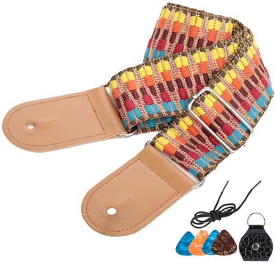 Dailygoods- Gitaarriem verstelbaar 75-130 cm - Gevlochten Nylon/Leer - Inclusief 4 Plectrums/Plectrumtas - Vintage/Meer kleuren - Lichtgewicht 120g - Gitaarband