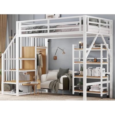 ModernLuxe Hoge bed 90x200 cm - met opbergplank en wieltjes - met kleerhanger en ladder - Metaal + MDF - Wit + Natuur