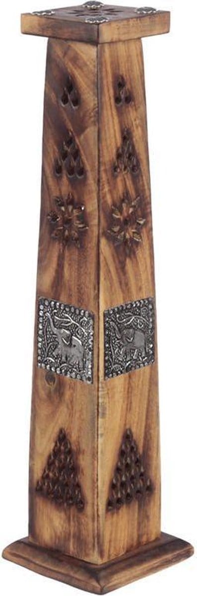 Puckator wierooktoren mango hout met metalen band olifant voor cones en wierookstokjes deksel bewerkt met 4 metalen bloemen