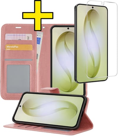 Hoesje - Met Screenprotector - Geschikt voor Samsung Galaxy S26 - Luxe Pasjeshouder - Bookcase Portemonee - Flip Case - Kunstleer Book Case - Flipcase - Book Cover - Walletcase - Portemonneehoes - Telefoonhoesjes - Rosé goud