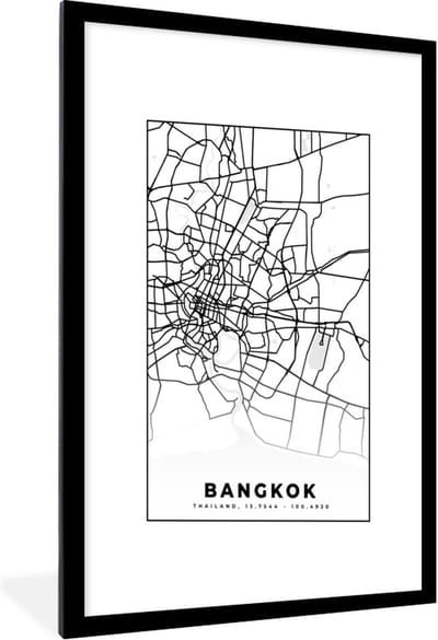 Fotolijst incl. Poster Zwart Wit- Bangkok - Zwart Wit - Plattegrond - Stadskaart - Kaart - 60x90 cm - Posterlijst