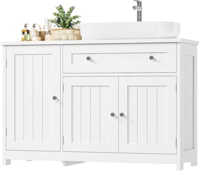 Wastafelmeubel 90 cm Breed, Badkamerkast met 3 Deuren, 1 Lade en Verstelbare Plank, Wit en Ruimtebesparend Design-HMTM-MD-300