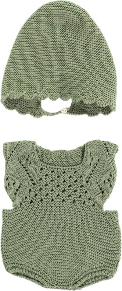 ML Poppen: KLEDIJ SET GEBREID groen meisje 40cm, 2-delig, body + beanie, eco en gerecycleerd, op kleerhanger, 3+