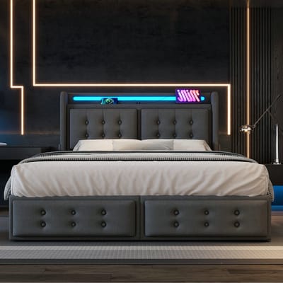 VVBV Gestoffeerd Opbergbed 160x200 cm met Houten Lattenbodem, Hoofdbord - Lattenbodem - Hout/Metaal Grijs - Zonder Matras