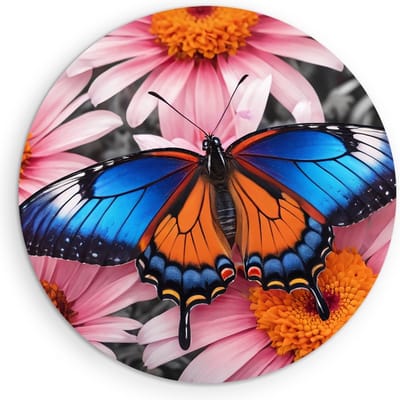 Saammp Muurcirkel Hout -Vlinder bij roze bloem - Dieren - Natuur - Ø 90 - Wandcirkel - Wanddecoratie Cirkel - muurdecoratie Woonkamer - Slaapkamer decoratie - Rond Schilderij