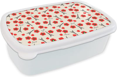 Broodtrommel Wit - Lunchbox - Brooddoos - Patronen - Parijs - Eiffeltoren - Bloemen - 18x12x6 cm - Volwassenen