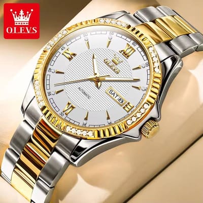HO-6676.gz : Olevs automatisch & mechanisch edelstalen zwart horloge, witte wijzerplaat, 3d piramide's, skeleton achterzijde, zirkonia's