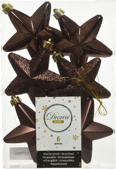 Decoris kersthanger sterren - 6x st - donkerbruin - 7 cm - kunststof - kerstornamenten - kerstversiering