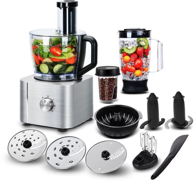 Blender-foodprocessor-keukenmachine 11 in 1-Mixen, Kneedden, Malen, Kloppen en Sapcentrifugeren- 1100W- 3 Snelheden-3,2L Kom en 1,5L Blenderkan.