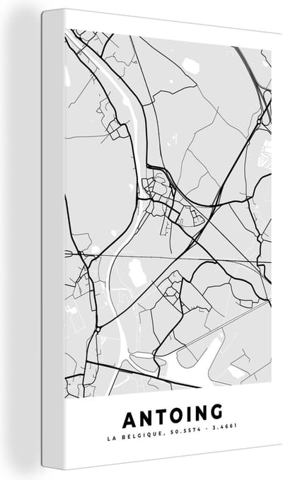 Canvas Schilderij Zwart Wit – België – Plattegrond – Stadskaart – Kaart – Antoing - 20x30 cm - Wanddecoratie