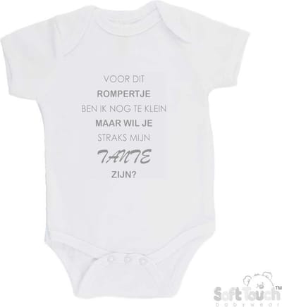 100% katoenen Romper "Voor dit rompertje ben ik nog te klein maar wil je straks mijn Tante zijn? " Unisex Katoen Wit/grijs Maat 62/68