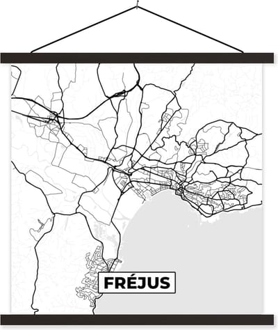 Posterhanger incl. Poster 60x60 cm - Schoolplaat - Stadskaart - Fréjus- Frankrijk - Kaart - Plattegrond - Zwart wit - Textielposter - Zwarte latten - Stadskaart