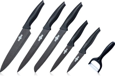 Swiss Haus® CB6 Messenset - 6 Delig Professionele Koksmessen Set met Broodmes, Koksmes, Vleesmes & Dunschiller – Antiaanbaklaag – Inclusief Geschenkdoos - Carbon/Zwart