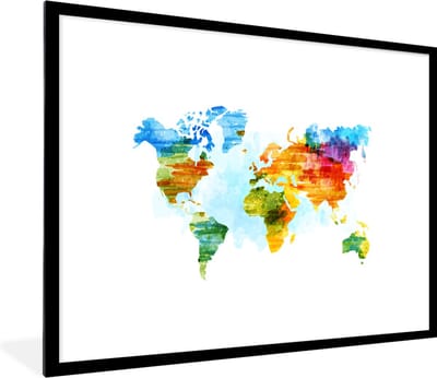 Poster in lijst - Fotolijst 80x60 cm - Posters - Wereldkaart - Waterverf - Kleuren - Posterlijst zwart - Decoratie - Wanddecoratie woonkamer - Muurdecoratie slaapkamer