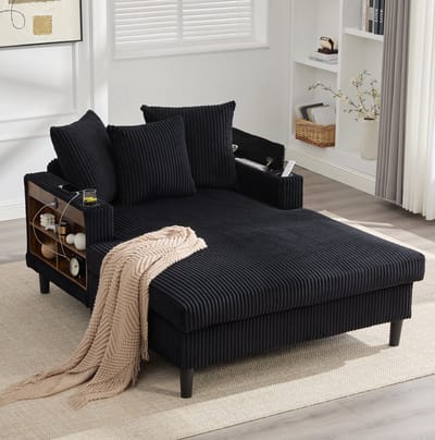 MIVRAY Chaise Longue 129x170x70 Cm - Met Led, Usb, Opbergruimte En Bekerhouders - Voor Woonkamer - Cord Zwart