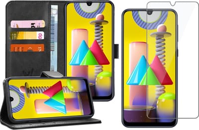Hoesje geschikt voor Samsung Galaxy M31 - Screen Protector GlassGuard - Book Case Kunstleer Pasjeshouder Zwart & Screenprotector