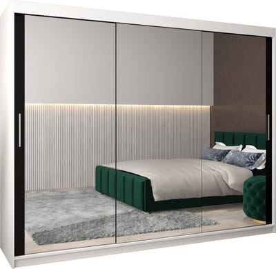 InspireMe - Kledingkast met 3 schuifdeuren, Modern-stijl, Kledingkast met planken (BxHxD): 250x200x62 - TORM III 250 Wit Mat + Zwart