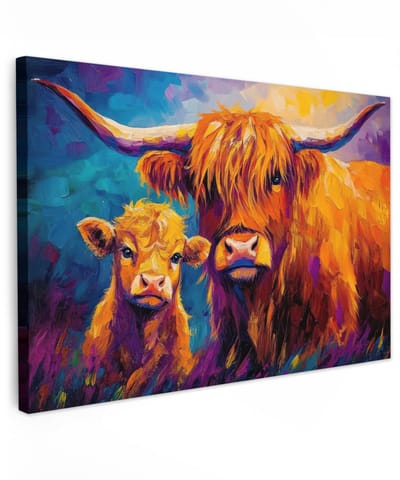 Dailygoods- Canvas Schilderij 120x80 cm - Wanddecoratie Woonkamer - Wanddecoratie Slaapkamer - Dieren Kunst - Schotse Hooglander - Unieke Afbeeldingen