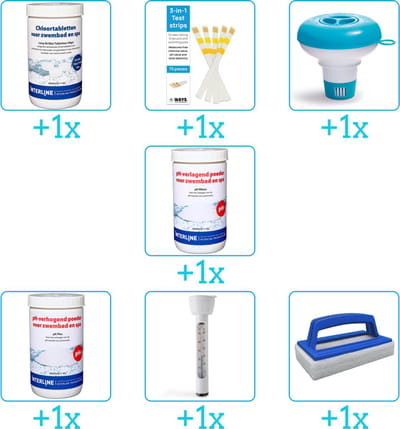 Zwembad Onderhoudspakket - Onderhoud Zwembad - bevat Chloor - Testrips - Chloordrijver - PH-min - PH-plus - Thermometer en Scrubborstel (7-delig)