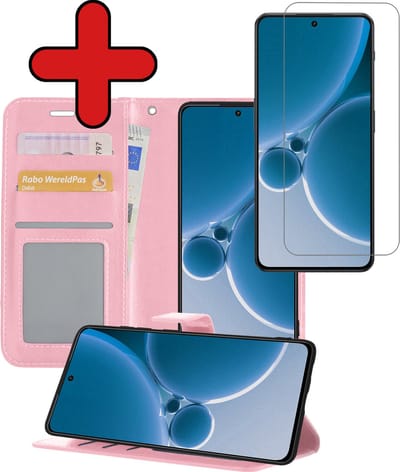 Hoesje - Met Screenprotector - Geschikt voor OnePlus Nord 3 - Luxe Pasjeshouder - Flipcase - Bookcase Portemonee - Flip Case - Kunstleer Book Case - Book Cover - Walletcase - Portemonneehoes - Telefoonhoes - Lichtroze