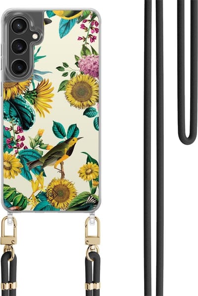 Casimoda® hoesje met koord - Geschikt voor Samsung S24 FE - Zonnebloemen / Bloemen - Afneembaar koord - TPU/polycarbonaat - Geel
